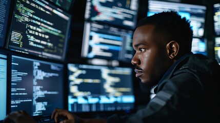 Man Sitting in Front of Multiple Computer Screens