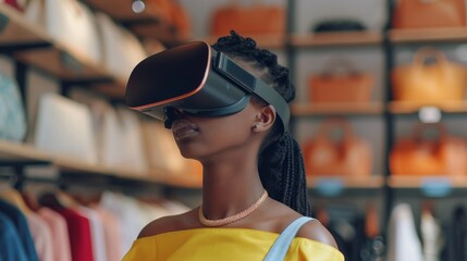 Woman Wearing Virtual Reality Headset in Store, Exploring Immersive Digital Experience - obrazy, fototapety, plakaty