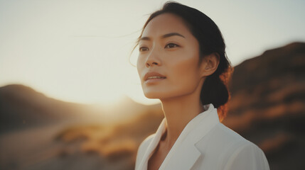 Bellissima donna di origini asiatiche con un vestito bianco elegante in un paesaggio deserto al tramonto
