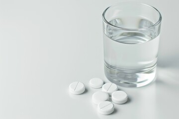 pills and glass of water on a white background.