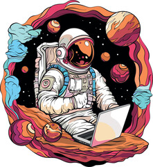 Astronaut in spacesuit working using laptop - 714753271