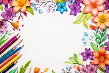 Vibrant Hand-Drawn Floral Border With Colored Pencils on White Background