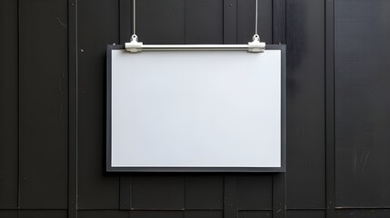 isolated hanging blank white signboard on a black wall
