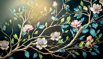tree with flowers.a highly detailed digital illustration of intricate intertwined flowers and branches. Pay attention to the delicate details of each element, creating a visually captivating and ornat - obrazy, fototapety, plakaty