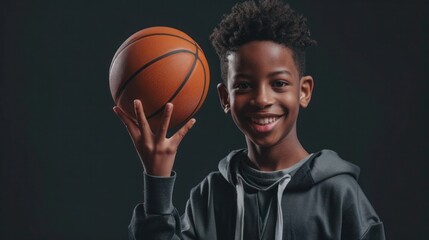 A cheerful young basketball player skillfully holds a ball in his hand in a dark studio.