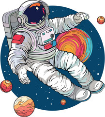 Astronaut in a space suit is flying against space - 714754052
