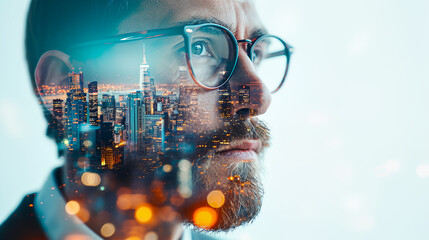 A highly committed businessman aiming for achievement goal double exposure with city sun rise background
