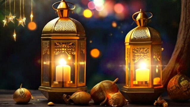 Animated video of ramadhan kareem with mosque background and lights in beautiful night moon, stars