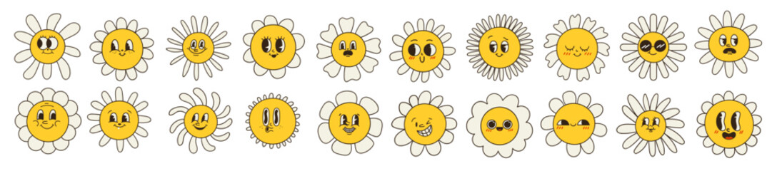 Collection of magnificent chamomile flowers. Retro daisy smiles in cartoon style. Set of happy 70s stickers. Vector graphic illustration in hippe style.