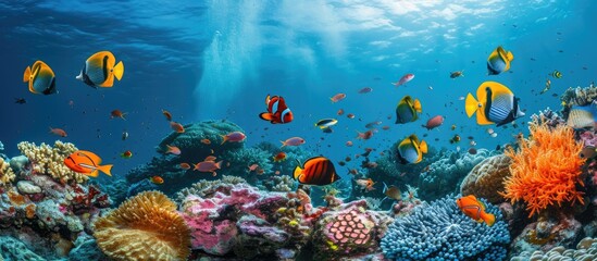 Underwater photo of a vibrant coral reef with tropical fish.