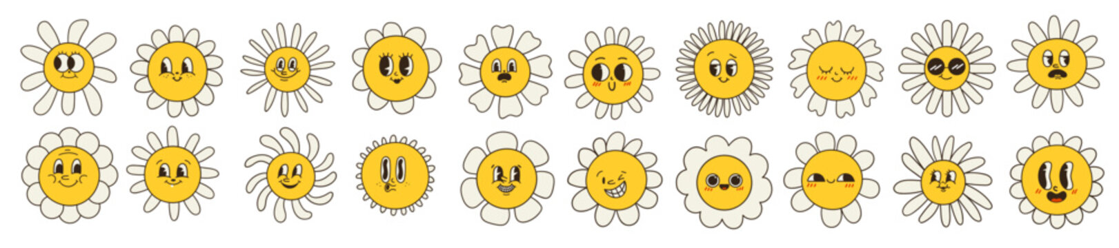 Collection of magnificent chamomile flowers. Retro daisy smiles in cartoon style. Set of happy 70s stickers. Vector graphic illustration in hippe style.