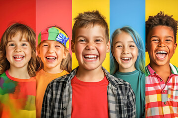 Diversity Image of Kids Together Smiling on Colorful Background. Multiracial Children Embracing Unity. Diversity Concept