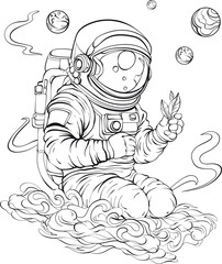 Outline astronaut holding a plant in his hand - 714754487
