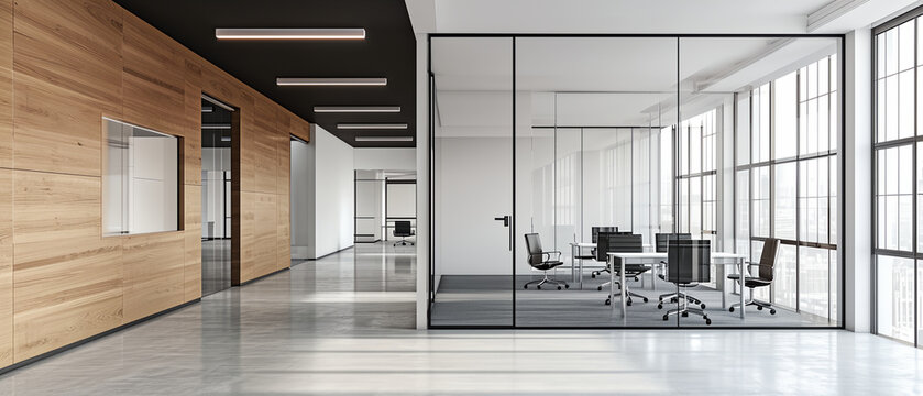 Modern contemporary  co-working office interior with copy space. Glass partitioned office in skyscraper building