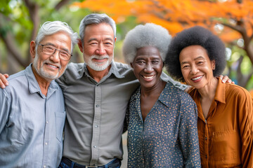 Diversity Group of People Looking to the Camera. Two Asian Old Couple smiling Outdoors. Diversity Concept.