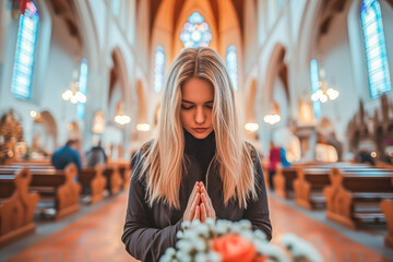 Young Woman Praying in Church Eyes Closed. Caucasian Woman Praying in a Church. Religious Concept.. - obrazy, fototapety, plakaty