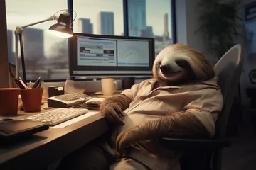 Foto op Plexiglas Süßes Faultier, müde auf der Arbeit am Schreibtisch, Konzept für Überarbeitung, 9 to 5 Job und anstrengender Arbeitsmarkt © GreenOptix