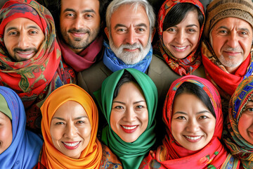 Diversity Group of People Looking to the Camera. Intergenerational Group of Muslim People Wearing Scarfs Smiling. Diversity Concept.