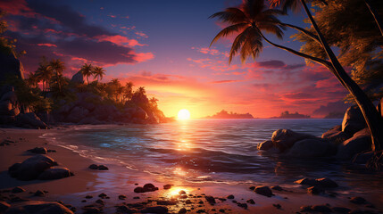 Tropical beach landscape with a beautiful sunset view with palm trees