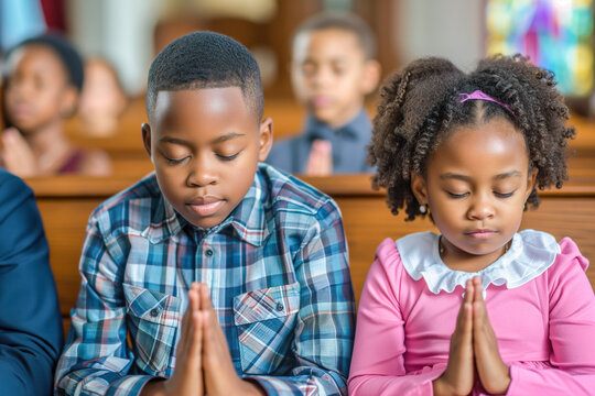 Two Kids Praying in Church Eyes Closed. African American Kids Praying in a Church. Religious Concept.