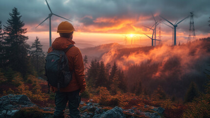 16:9 or 9:16 engineer  Standing on top of a wind turbine looking at a wind turbine generating electricity on another mountain peak.