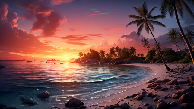 Beach sunset view, A tropical ocean beach sunset picture with palm trees and ocean waves, Sunset over beach sky view