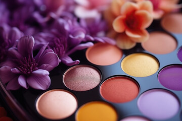 Obraz na płótnie Canvas Close-Up of Colorful Makeup Cosmetics Palette, A Vibrant Array of Beauty Products. Flat Lay Top View 