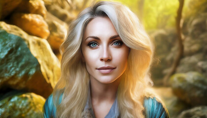Portrait of woman in front of nature and rocks. Blond female adventurer, archaeologist outdoors