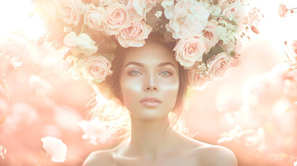  Abstract woman portrait with flowers over head on peach background. Advertising of environmental friendliness and naturalness of cosmetics. Hello spring. Copy space.