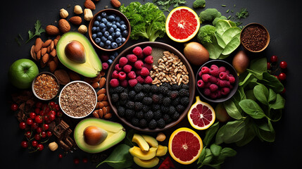 A healthy lifestyle balanced diet food pictures with seeds fruits and vegetables, nutritional supplements, lemons, avocado