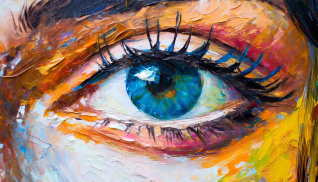 Close up of human blue eye, oil painting of body part, woman face