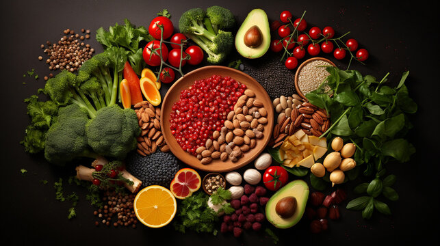 A healthy lifestyle balanced diet food pictures with seeds fruits and vegetables, healthy foods