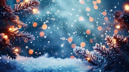 Fototapeta na wymiar A Christmas Tree With Lights in the Snow