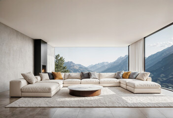 white modern living room interior with stylish furniture with a mountain view