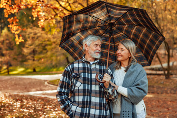 Senior couple walking in the park in autumn