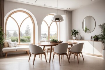 Interior home design of modern dining room with wooden chairs and dining table with houseplants, forest view in arched window