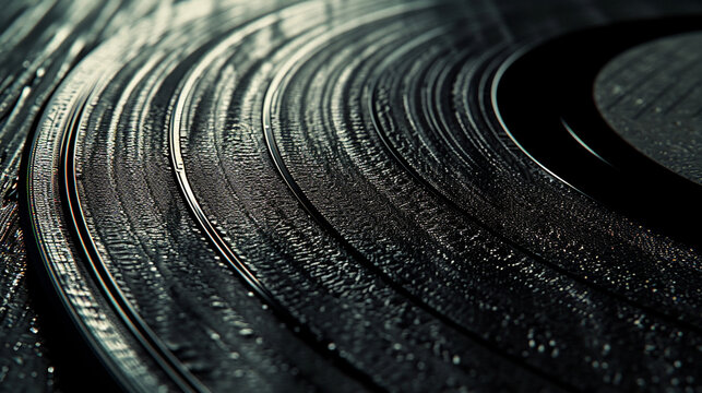 Vinyl Record Grooves: Photorealistic texture of vinyl record grooves, capturing the fine details of the record's surface, textures, background