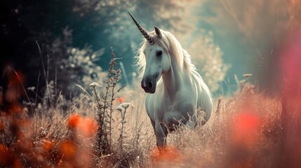 Majestic Unicorn Galloping Amidst Blooming Flowers