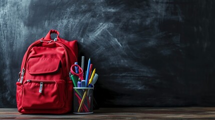 The background is related to school, a backpack with school equipment on the background of an empty blackboard. Created with Generative Ai technology.