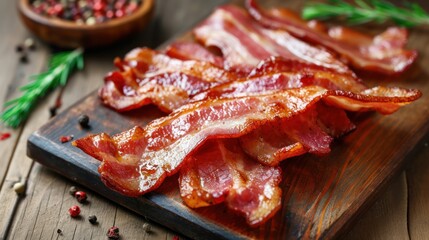 Wooden Cutting Board With Bacon on Table