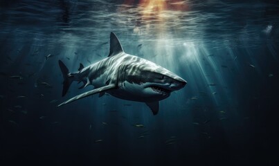 Bloodthirsty shark underwater ready to attack with dark and dramatic lighting. - obrazy, fototapety, plakaty
