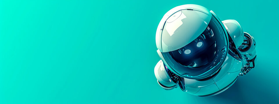 A sleek, futuristic robot with a glossy white helmet and visor, detailed with intricate mechanical parts, turquoise background, exemplifying advanced technology and artificial intelligence