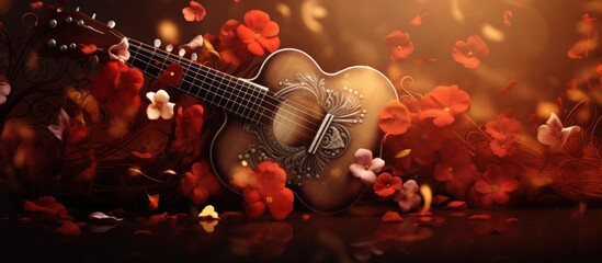 Red rose and petals on the acoustic guitar for romantic view. AI generated image - obrazy, fototapety, plakaty