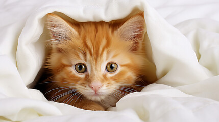 Naklejka premium Kitten closed in towel warm sleepy small white