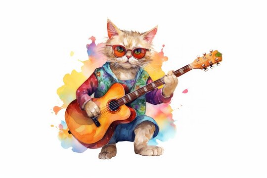 Hippie guitar cat in sunglasses, watercolor bright colorful illustration, white isolated background. The concept of humanization.