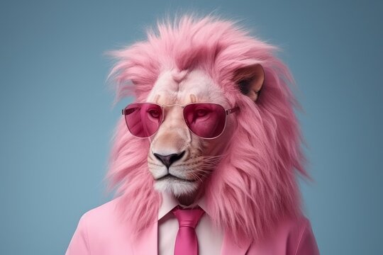 A fashionable lion with a pink mane in a suit and stylish glasses on an isolated background. High quality photo