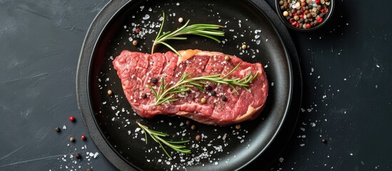 Homemade relaxation: Cook Black Angus striploin steak with garlic, rosemary, black pepper, Himalayan pink salt on black plate.