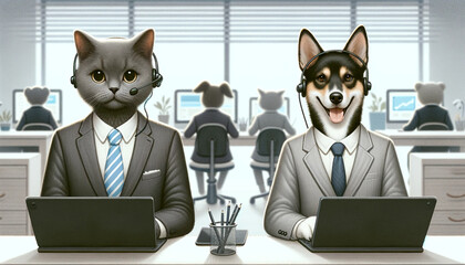 コールセンターで淡々と毅然とした態度で仕事をする犬と猫　generated ai