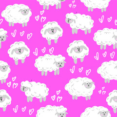 Seamless pattern with cute sheep and heart on pink background. Pattern for textile, fabric, pajamas, stationery, kids clothes and other design.