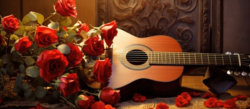 Red rose and petals on the acoustic guitar for romantic view. AI generated image